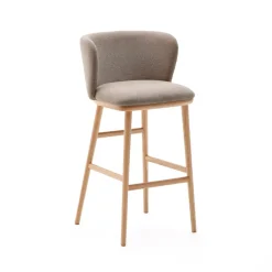 Online Kave Home Barkruk Ciselia Chenille en essenhout (zithoogte 75cm)