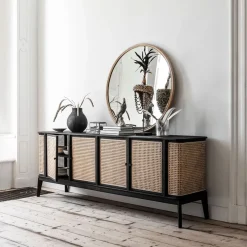 MUST Living Dressoir Raffles Rotan en hout, 213 x 80cm Zwart, Naturel