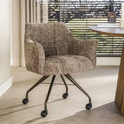 LifestyleFurn Eetkamerstoel op wielen Thandie Hoven stof en bruin onderstel