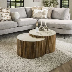 New LifestyleFurn Halfronde Salontafel Beckie Mangohout en Keramiek in Travertin-look, Set van 2 stuks Massief mango zandkleur