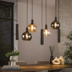 Hot LifestyleFurn Hanglamp Janetta Glas en metaal, 4+3-lamps Artic zwart