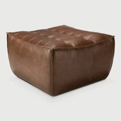 Ethnicraft Hocker N701 Leder, 70 x 70cm, kleur Chestnut