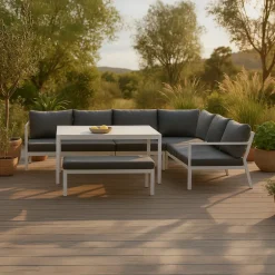 Hot Nohr Hoek Loungeset Brianca Met hoekbank, tafel en bankje, kleur Wit/ Grijs