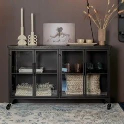 Sale ZILT Industrieel Dressoir Bony Op wieltjes, Metaaal en glas, 120cm, kleur zwart