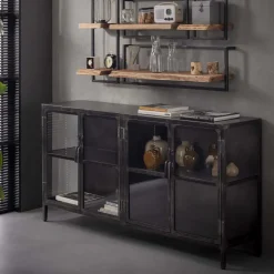 Clearance LifestyleFurn Industrieel Dressoir Rift Metal 180cm met 4 glazen deuren Gun metal