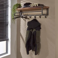 LifestyleFurn Kapstok Amadou Saja notenhout, met 6 haken en plank Massief Saja natural