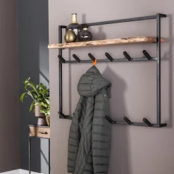Outlet LifestyleFurn Kapstok Cruz Acaciahout en metaal, met 12 haken en plank Massief acacia naturel