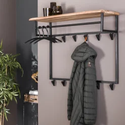 Discount LifestyleFurn Kapstok Liona Acaciahout en metaal, met 12 haken en plank Massief acacia naturel