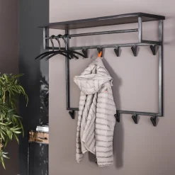 Sale LifestyleFurn Kapstok Yena Acaciahout en metaal, met 12 haken en plank Massief acacia zwart