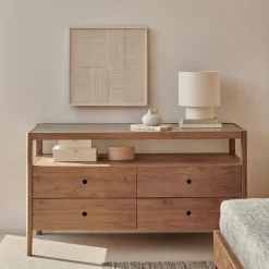 Ethnicraft Ladekast Spindle Teakhout en glas, Met 3 laden, kleur Naturel