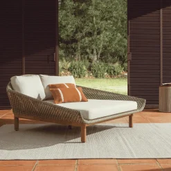 Best Kave Home Ligbed Olbia Tweepersoons, Rattan en teakhout, kleur Groen