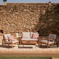 Clearance Kave Home Loungeset Frares Acaciahout, Met 2-zits Bank, 2 fauteuils en salontafel Beige