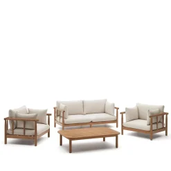 Online Kave Home Loungeset Sacova Eucalyptushout, Met 2 fauteuils, 2-zitsbank en salontafel Beige