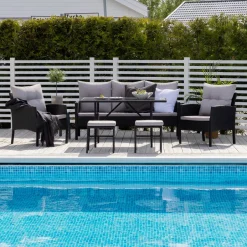 Discount Nohr Loungeset Zeena Met bank, tafel, 2 stoelen en krukjes Zwart / Grijs