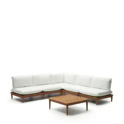 New Kave Home Modulaire Loungeset Portitxol Teakhout, Met 1 hoekfauteuil, 4 fauteuils en salontafel Wit