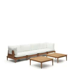 Outlet Kave Home Modulaire Loungeset Portitxol Teakhout, Met 2 hoekfauteuils, 2 fauteuils en 2 salontafels Wit