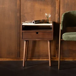 Dutchbone Nachtkastje Arda Walnoot en travertin, Met 1 lade