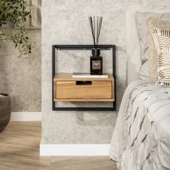 New LifestyleFurn Nachtkastje Cruz Acaciahout en metaal, Met 1 lade