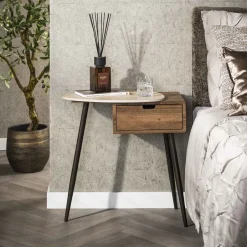 Outlet LifestyleFurn Nachtkastje Jaems Travertin- en eikenlook Keramiek travertine