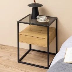 Online Bendt Nachtkastje Maikel zwart metaal met glazen blad en lade