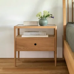 Discount Ethnicraft Nachtkastje Spindle Hout en glas, Met 1 lade