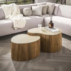 New LifestyleFurn Niervormige Salontafel Beckie Mangohout en Keramiek in Travertin-look, Set van 2 stuks