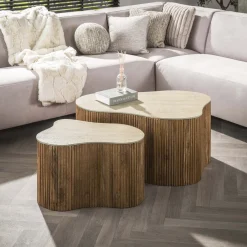 Sale LifestyleFurn Organische Salontafel Beckie Mangohout en Keramiek in Travertin-look, Set van 2 stuks