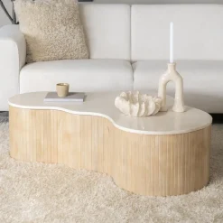 Outlet Eleonora Organische Salontafel Kira Mangohout en marmer, 129 x 84cm Wit