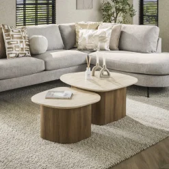 New LifestyleFurn Organische Salontafel Laycie Keramiek in Travertinlook, Set van 2 stuks Ceramic travertine