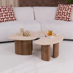 Hot LifestyleFurn Organische Salontafel Laycie Keramiek in Travertin-look, Set van 2 stuks