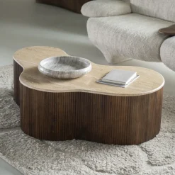 Best Eleonora Organische Salontafel Mari Mangohout en Travertin, 129 x 84cm Bruin