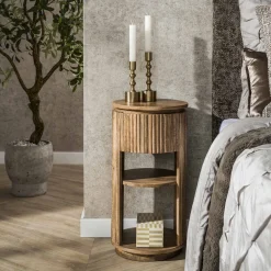 Best LifestyleFurn Rond Nachtkastje Sharmila Mangohout, Met 1 lade Massief mango zand