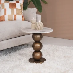 Outlet Richmond Interiors Ronde Bijzettafel Barley Marmer en brushed gold, 46cm Beige