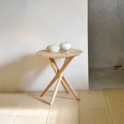 Outlet Ethnicraft Ronde Bijzettafel Mikado Geolied Eikenhout, 50cm, kleur Naturel