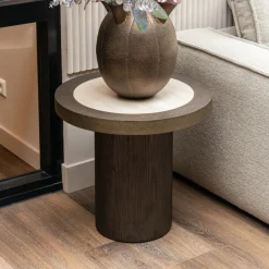 Clearance Richmond Interiors Ronde Bijzettafel Nando Travertinlook en eiken, 60cm Bruin
