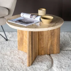 Outlet Eleonora Ronde Bijzettafel Sara Mangohout en travertin, 60cm