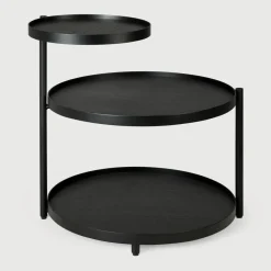 Outlet Ethnicraft Ronde Bijzettafel Swivel Tray Gelakt Hout, Met 3 bladen Zwart