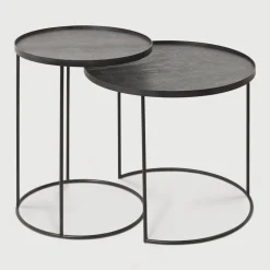 New Ethnicraft Ronde Bijzettafel Tray Gelakt Hout, Set van 2 stuks