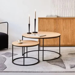 New Kave Home Ronde Bijzettafel Yoana Eikenhout, Set van 2 stuks