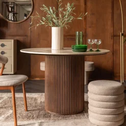 Dutchbone Ronde Eettafel Arda Walnoot en travertin, 115cm