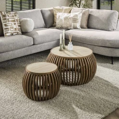 Outlet LifestyleFurn Ronde Salontafel Beckie Mangohout en travertinlook, Set van 2 stuks Massief mango zandkleur