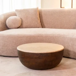 Clearance LABEL51 Ronde Salontafel Bowl Travertin en hout Espresso