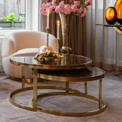 Best Richmond Interiors Ronde Salontafel Conrad Set van 2 stuks, Faux Marmer Goud