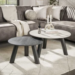 Best LifestyleFurn Ronde Salontafel Dallen Keramiek met travertinlook, Set van 2 stuks