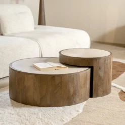 Outlet Eleonora Ronde Salontafel Hazel Mangohout en marmer, Set van 2 stuks Bruin