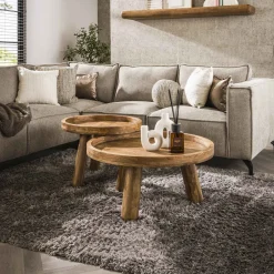 Clearance LifestyleFurn Ronde Salontafel Kanda Mangohout, Set van 2 stuks Massief mango zandkleur