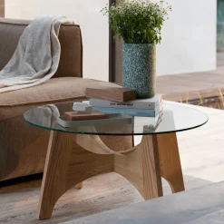 Zuiver Ronde Salontafel Kobe Essenhout en glas, 80cm