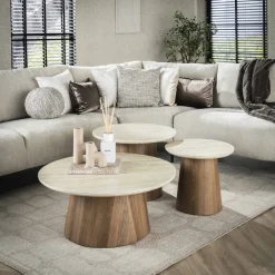Online LifestyleFurn Ronde Salontafel Laycie Keramiek in Travertin-look, Set van 3 stuks