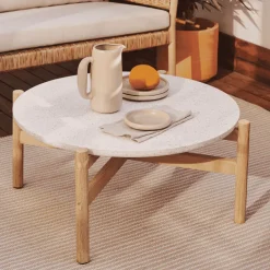 New Kave Home Ronde Salontafel Pola Eucalyptushout en Terrazzo, 88cm Wit