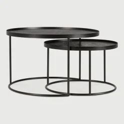 Discount Ethnicraft Ronde Salontafel Tray Gelakt Hout, Set van 2 stuks